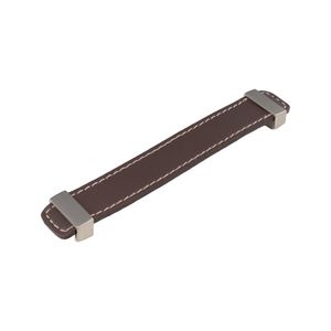 Puxador Passe 166mm Couro Café/Níquel Escovado - Obispa